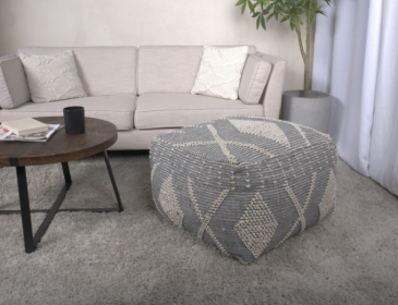 Diamond Large Handcrafted Faux Yarn Pouf, Ivory and Grey