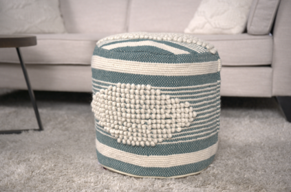 Diamond Handcrafted Fabric Cylindrical Pouf, White and Teal