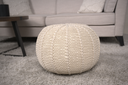 Bordeaux Knitted Cotton Round Pouf, Beige