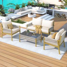 K&K 4-Piece Rope Patio Furniture Set, Outdoor Furniture with Tempered Glass Table