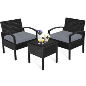 3 Pieces Outdoor Rattan Patio Conversation Set with Seat Cushions (Color: Gray)