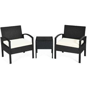 3 Pieces Outdoor Rattan Patio Conversation Set with Seat Cushions (Color: White)