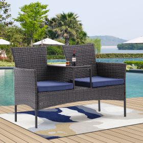 Outdoor Patio Loveseat Set,All Weather PE Rattan and Steel Frame Conversation Furniture with Built-in Coffee Table (Color: as Pic)